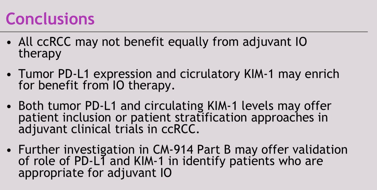 Biomarker data from adjuvant ipi/nivo vs placebo study in renal cancer shows circulating Kidney injury marker-1(KIM-1), which is over expressed & prognostic in RCC #AACR24, maybe important (along with PD-L1) in response to ipi/nivo. Patient selection for adjuvant IO is important