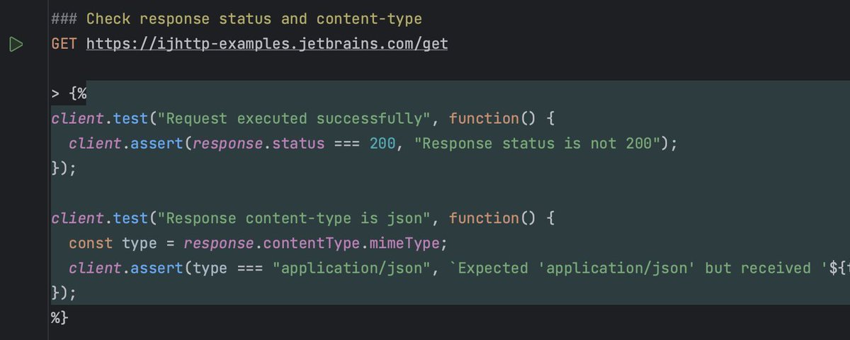 In #IntelliJIDEA's HTTP Client you can write tests in @JavaScript and run them as Response Handler scripts. You can share these tests with 👩‍💻 teammates 👨‍💻 via Version Control Systems and execute them on CI platforms. Learn more: jb.gg/http-client #IntelliJIDEATips