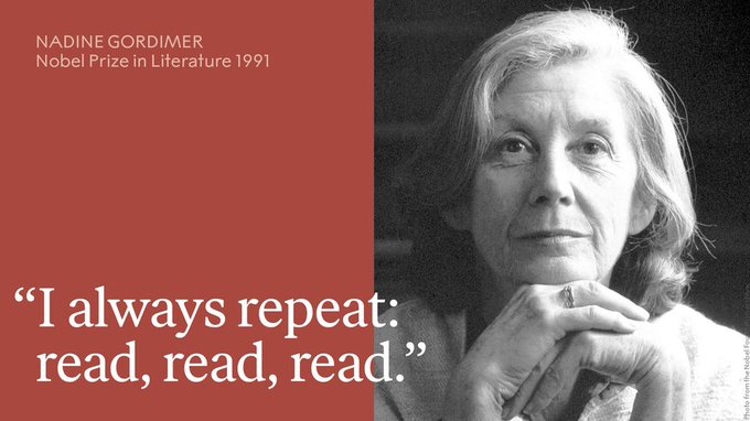 Nadine Gordimer next to a quote by her that says "I always repeat: read, read, read."