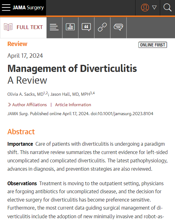 Most viewed in the last 7 days from @JAMASurgery: Care of patients with diverticulitis is undergoing a paradigm shift. This narrative review summarizes the current evidence for left-sided uncomplicated and complicated diverticulitis. ja.ma/3wat0OD