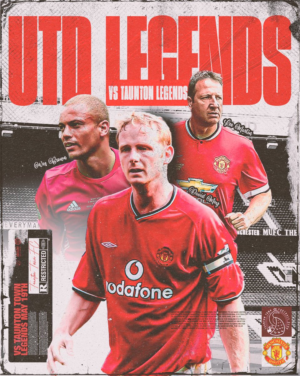 𝗥𝗲𝗱 𝗗𝗲𝘃𝗶𝗹𝘀 𝗖𝗼𝗺𝗲 𝘁𝗼 𝗧𝗼𝘄𝗻 🔴⚽️ Put the date in your diary for the rematch of Taunton Town Legends v Manchester United Legends, coming to the Wordsworth Drive on May 19th! Tickets 🎟 ▶️ ttfc.uk/legends #UpThePeacocks 🦚