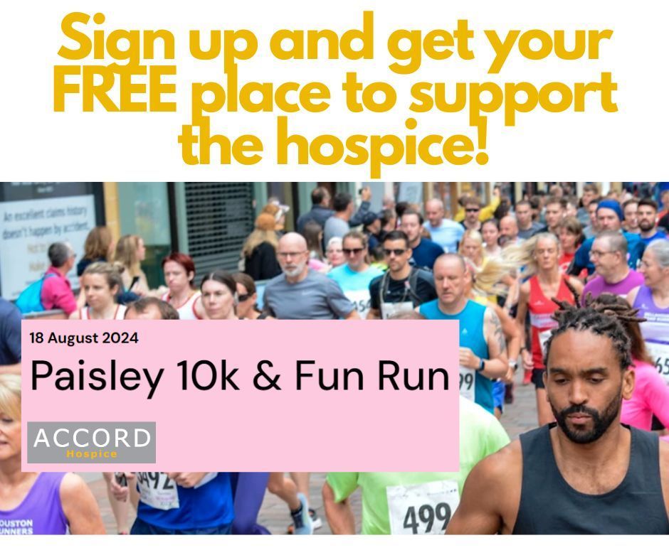 The Paisley 10k Road Race with Fun Run will see thousands taking to the streets when the event returns to the town on Sunday 18 August 2024, sign up for #TeamACCORD and support the Hospice on this iconic race route. For more info and sign up visit - buff.ly/3xOh8T7