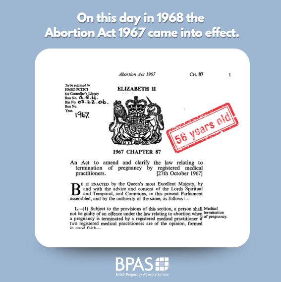 On April 27th 1968 the Abortion Act 1967 came into effect, changing the lives of women in Britain. Thank you to the staff at BPAS who make the law a reality for hundreds of thousands of women a year across the UK. The fight is never over. #abortionrights #abortion