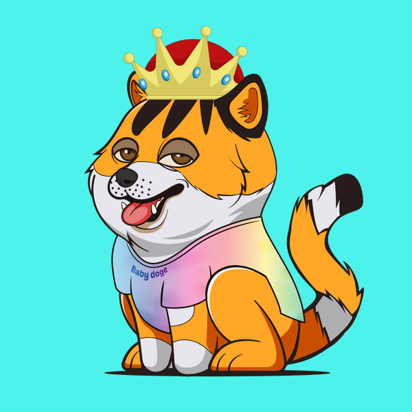 A baby doge NFT with aqua background and cat fur wears a tie dye t-shirt and a king crown headwear. Its ninja mouth and sleepy eyes make it look cute and mischievous. It loves to nap and dream of ruling the NFT world.