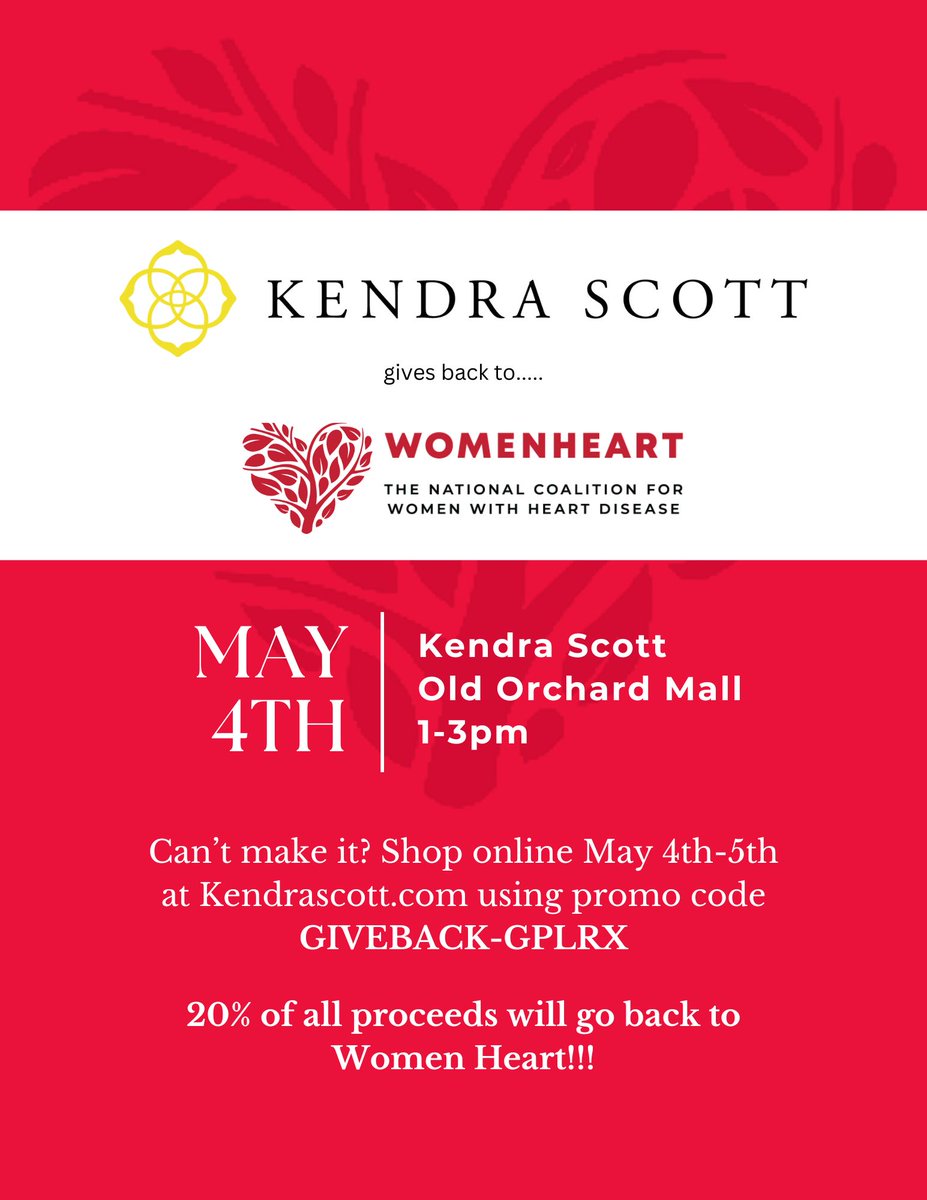 Shop for a cause! Join us on May 4th at Kendra Scott's Old Orchard location or online. Enjoy 20% off your purchase, with proceeds supporting WomenHeart. Treat yourself to gorgeous jewelry while giving back! #FundraiserEvent #KendraScott #WomenHeart