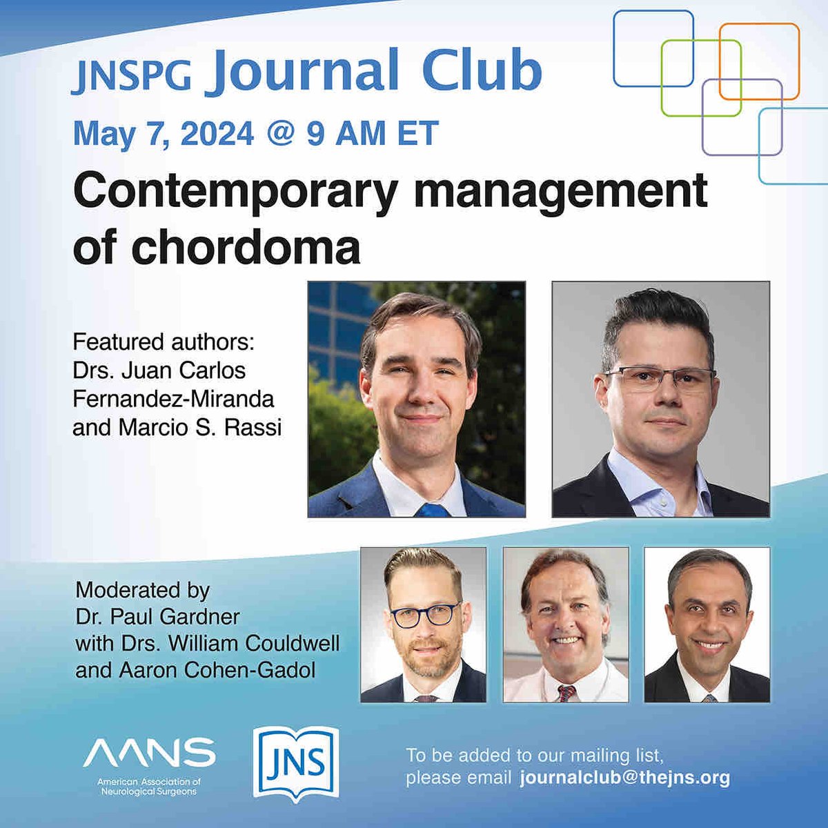 #JNSJournalClub May 7th @ 9am ET - Contemporary management of chordoma. Join us as we talk with Dr Fernandez-Miranda and Dr Rassi. Moderated by Drs Gardner, Cohen-Gadol, and Couldwell Neurosurgical Atlas attendee link: us02web.zoom.us/webinar/regist…