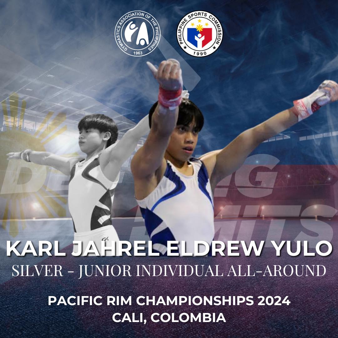 CONGRATULATIONS! 🇵🇭

Filipino gymnast Karl Eldrew Yulo clinched the silver medal in the Junior Individual All-Around at the 2024 Pacific Rim Championship in Cali, Colombia.

📸: Gymnastics Association of the Philippines / FB

Follow #GMASports for more sports updates.