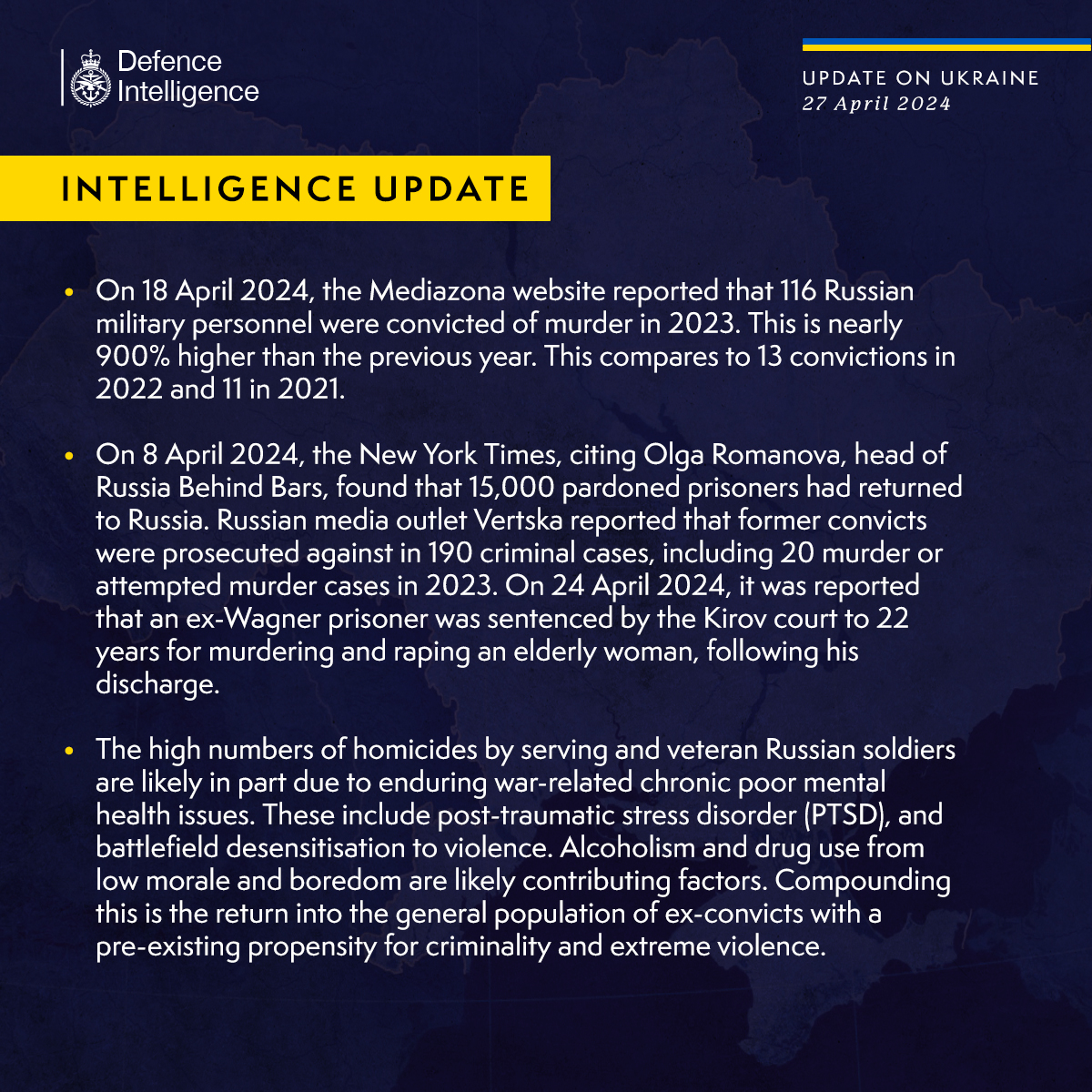 Latest Defence Intelligence update on the situation in Ukraine – 27 April 2024. Find out more about Defence Intelligence's use of language: ow.ly/CN5850RpV2a #StandWithUkraine 🇺🇦
