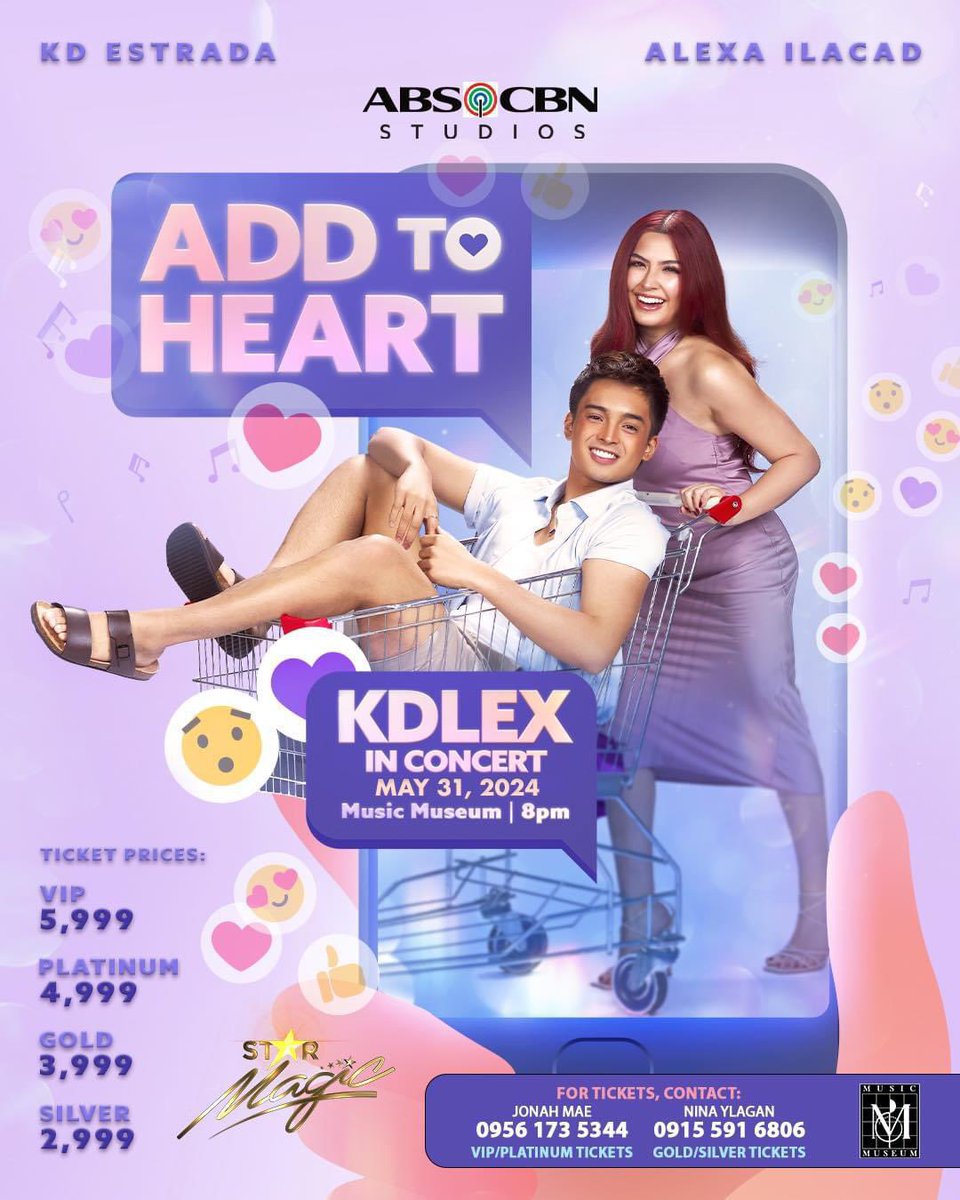 Sweethearts and Solids, the long wait is OVER! Mark your calendars, as the most-awaited concert, “Add To Heart: KDLex in Concert” featuring the Hottest Musical pair in Philippine Entertainment-KD Estrada and Alexa Ilacad — this May 31, 2024, 8PM at the Music Museum. Tickets