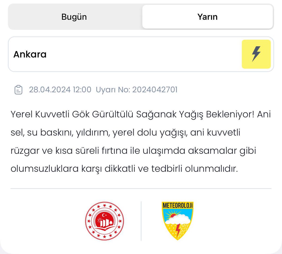 ⚠️ANKARA İÇİN METEOROLOJİK UYARI ⚠️ Yarın ( pazar günü) öğle saatlerinden itibaren, Ankara kent merkezini de kapsayan, yerel kuvvetli gök gürültülü sağanak yağış uyarısı verilmiştir. Geçerlilik periyodu ; 12.00-21.00