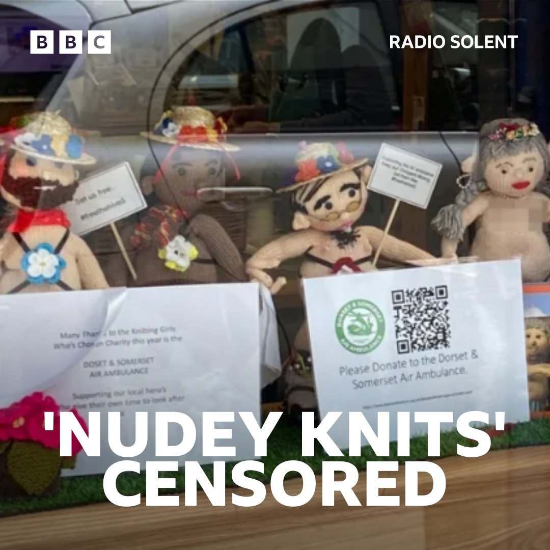 Naked knitted figures in a café window display for charity have been covered up after complaints. 👉bbc.in/3Wf7Qtn
