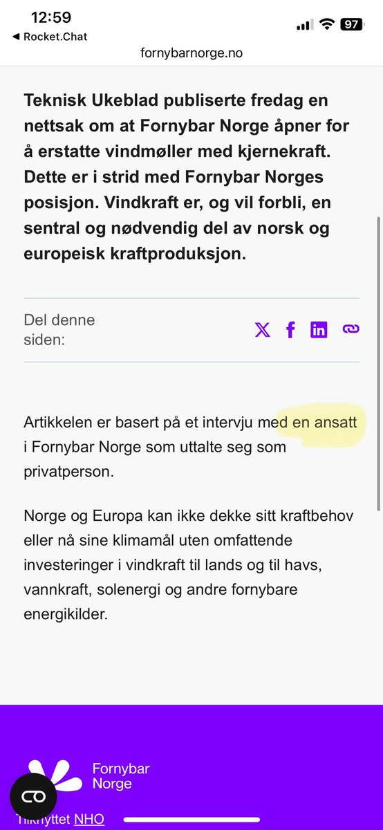 @OleAsbjoernNess Liker hvordan de prøver å tone ned synspunktet. «En ansatt» høres ut som TU snakket med en random i gangen, ikke selveste direktøren 😄

Småstressa gjeng i Fornybar Norge når de må ty til sånne grep?