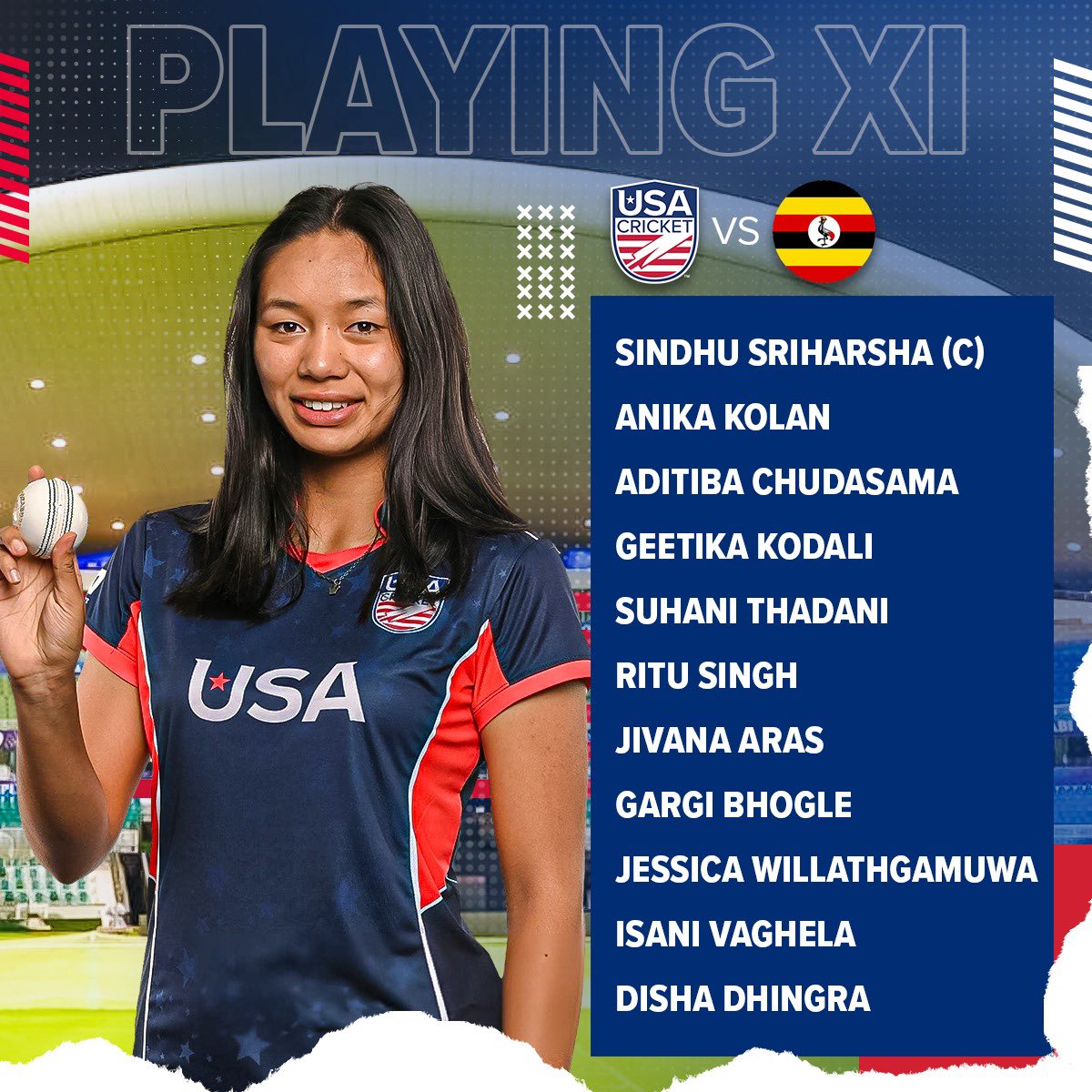 Our Playing XI for 🇺🇸’s first match of the @ICC #T20WorldCup Women’s Qualifiers! 💪

Watch all matches live on 📲: Icc.tv

#USAvUganda #WeAreUSACricket 🙌