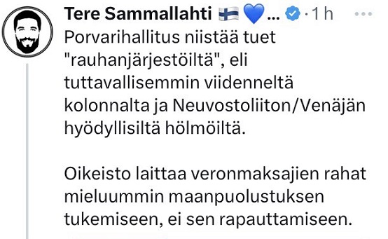 En yleensä näytä suomalaisen äärioikeiston tviittejä, mutta tämä on tahattomasti niin paljastava, että teen poikkeuksen. Voiko äärioikeistolaisen hallituksen ideologiaa enää suoremmin paljastaa? Vihollisia ovat rauhan puolesta toimivat ihmiset ja järjestöt. Kokoomus haluaa sotaa.