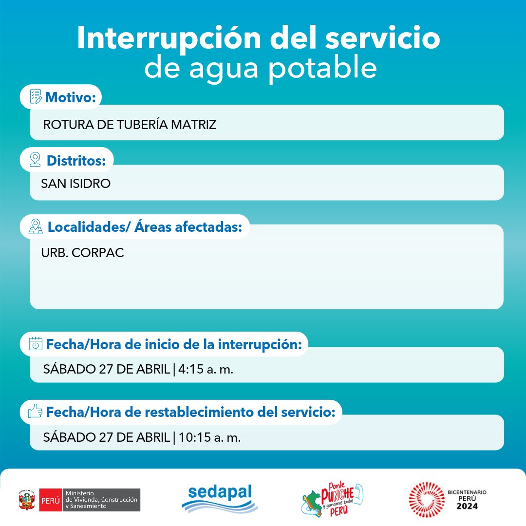 🚨 #LoÚltimo | ¡#SANISIDRO! #Sedapal atiende una emergencia en tu distrito. Trabajamos para mejorar la calidad de vida de los ciudadanos de #Lima y #Callao.  #InterrupciónDelServicio #Ahora #Actualidad
