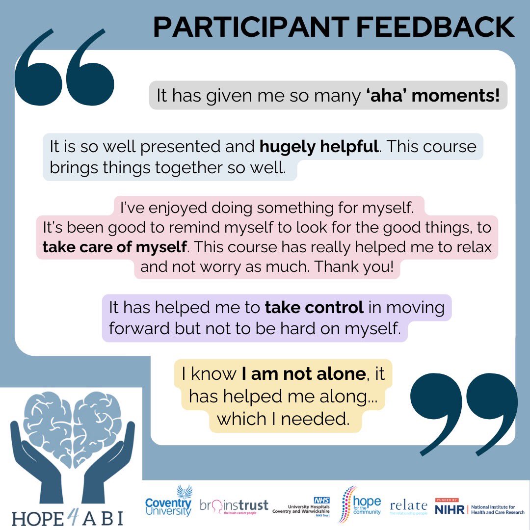 The #HOPE4ABI team are so proud of the awesome #feedback from our #research participants. Some
of these comments had us in tears! 🥹
Huge thanks to all who took part ❤️🙏🏻
 
#Trial results coming soon ⏰

 #selfmanagement #sexualwellbeing #lifeafterbraininjury