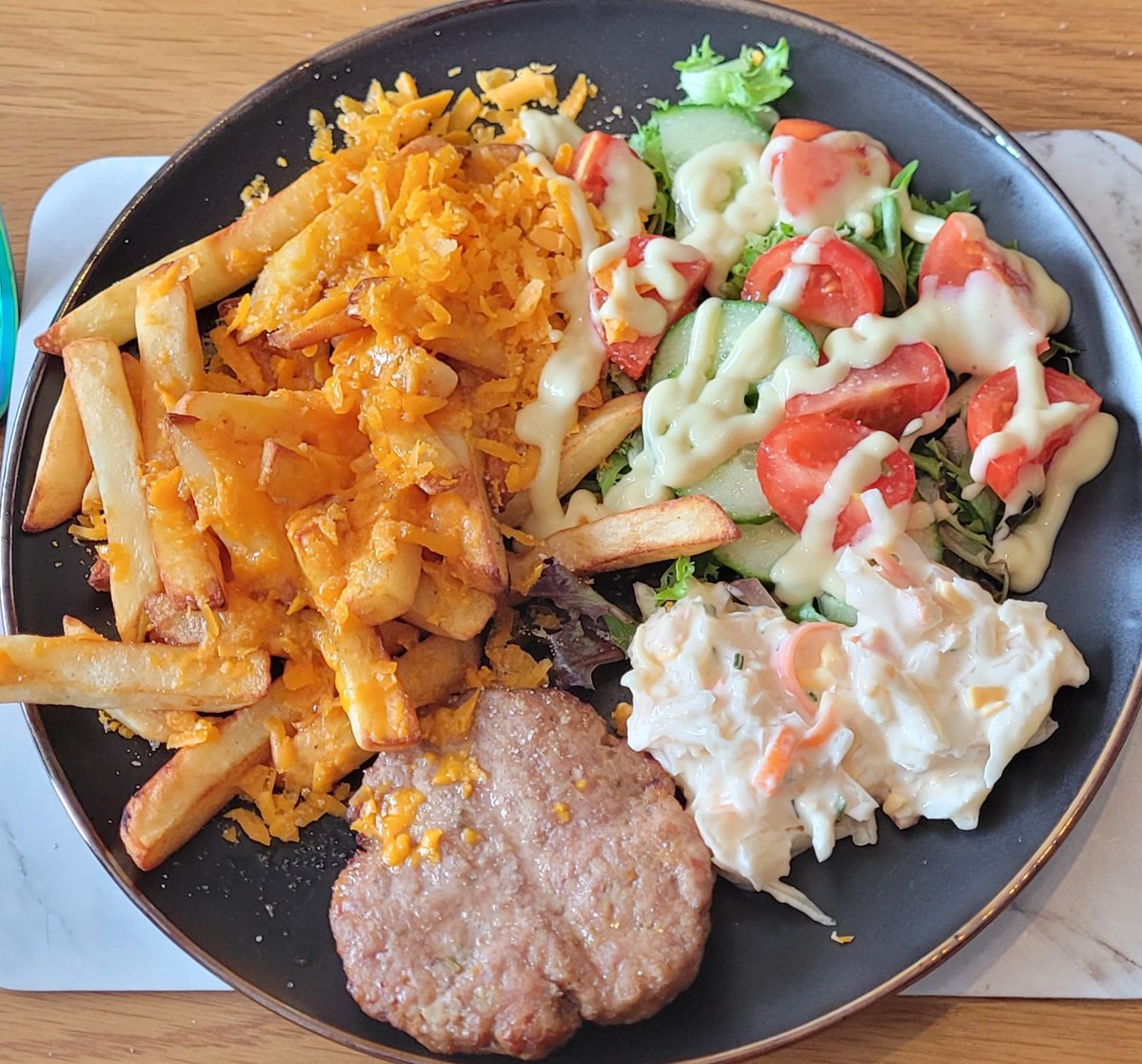 Pork & apricot burger, salad with salad cream (❤️).. Cheese coleslaw and cheesy chips! 😋 #naughtybutnice