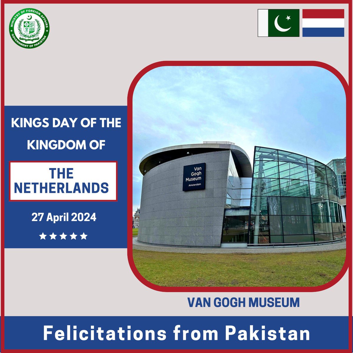 On the occasion of Kings Day of the Kingdom of the #Netherlands, we extend our heartiest felicitations to its people and Government. @DutchMFA @PakinNetherland 🇵🇰🤝🇳🇱
