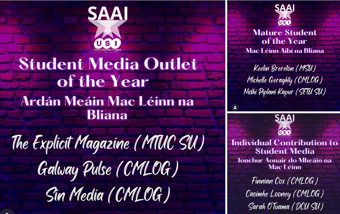 Delighted for our amazing @uniofgalway #Journalism students @caoimhe_looney, Michelle Geraghty (@chelleflife) & Finnian Cox  - as well as @galwaypulse1 + @sin_newsug - who are nominated for Student Achievement Awards Ireland from @TheUSI Well done & best of luck for awards night!