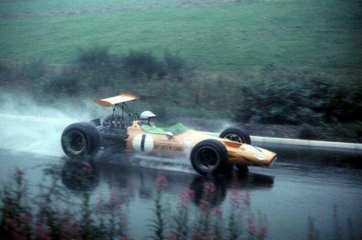 German Grand Prix 1968 

Denny Hulme/McLaren-Ford who finished 7th.

The race was held in extremely wet and foggy conditions, and British driver Jackie Stewart, racing with a broken wrist, won the race by a margin of four minutes in what is widely considered to be one of the…