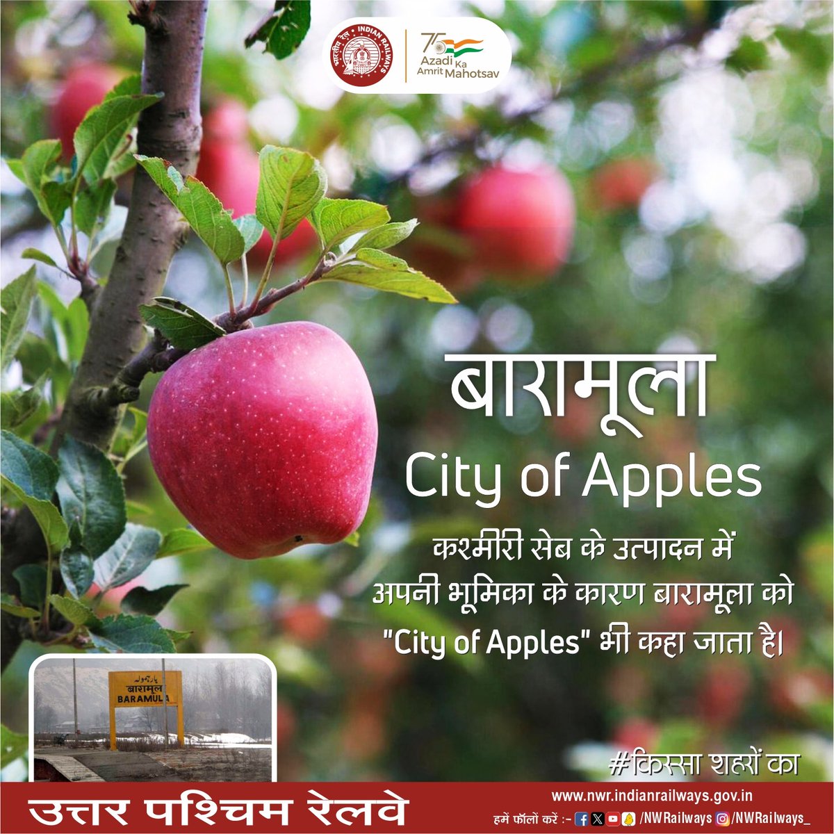 #किस्साशहरोंका बारामूला City of Apples कश्मीरी सेब के उत्पादन में अपनी भूमिका के कारण बारामूला को 'City of Apples' भी कहा जाता है।