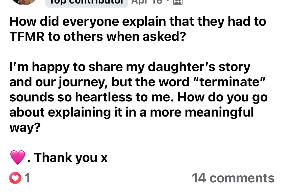 TFMR: Termination for Medical Reasons 

It sounds heartless because it is…. We don’t murder our children because of a disability.