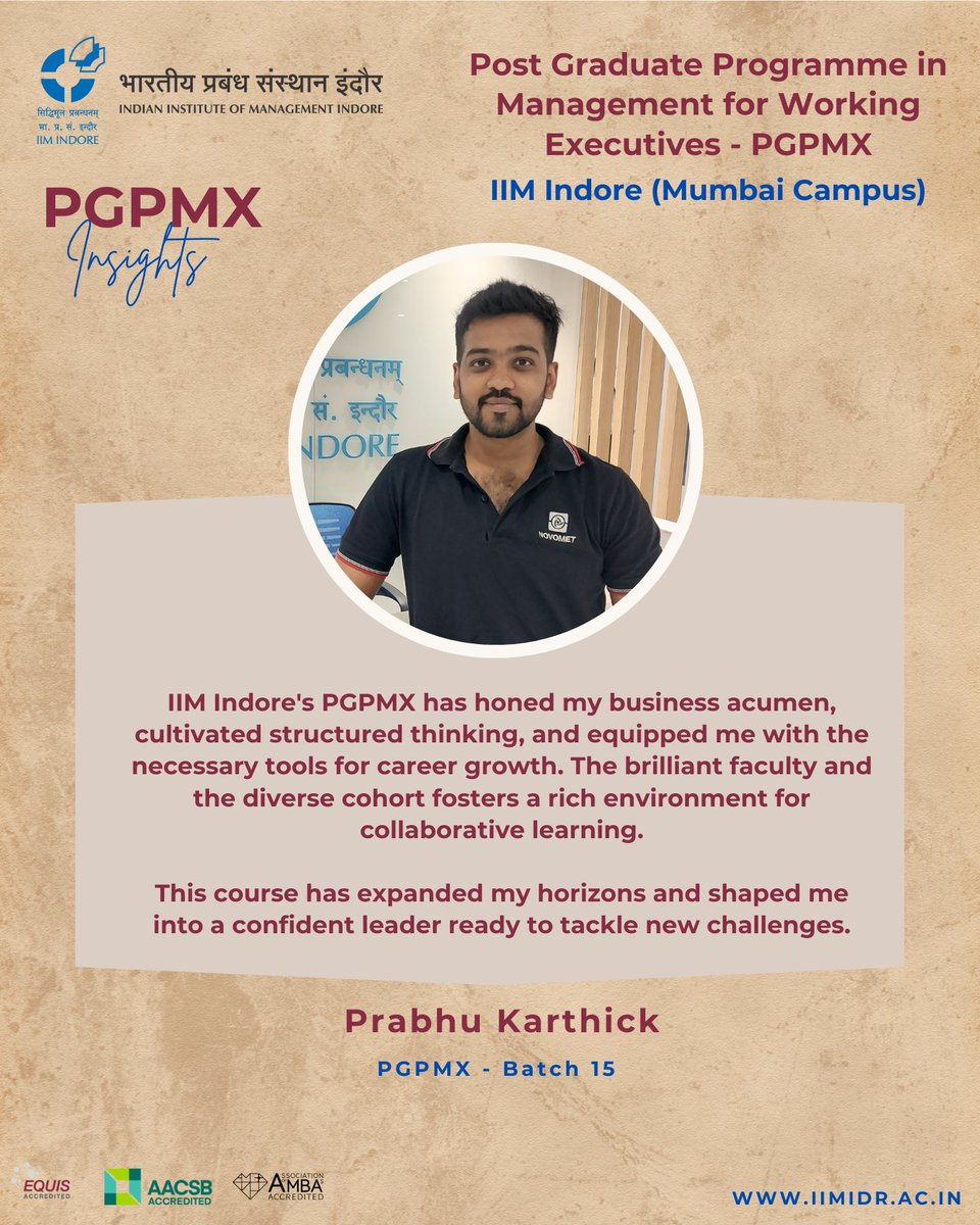 #PGPMXInsights: Prabhu Karthick from our PGPMX Batch 15 reflects on how the programme has finely tuned his business acumen, propelling his career growth to new heights. #AdmissionsOpen: iimidr.ac.in/academic-progr… Apply now and seize the opportunity! #IIMIndore @askhimanshurai