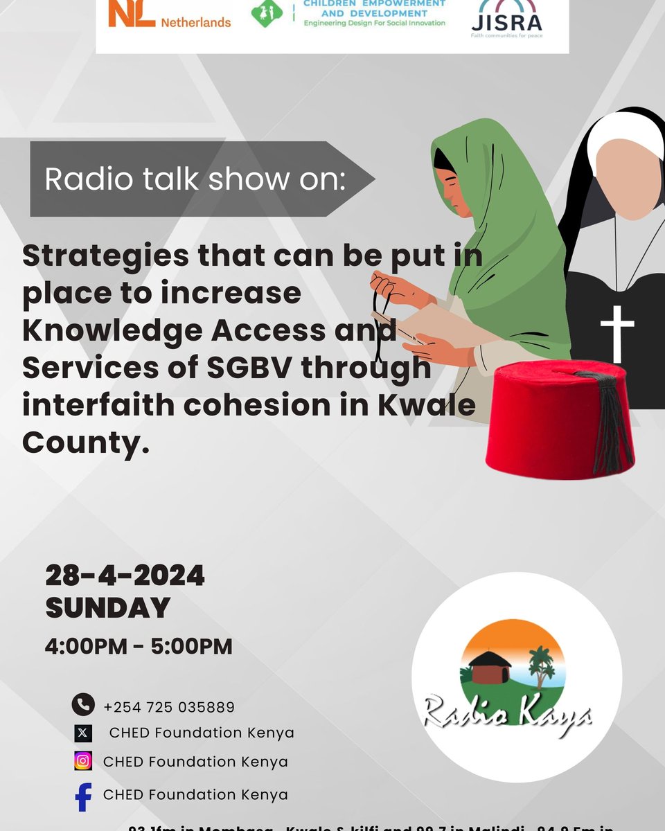 This Sunday @RadioKaya we're having a radio talk show on strategies that can be put in place to increase knowledge, access and service of SGBV through interfaith cohesion in Kwale County.