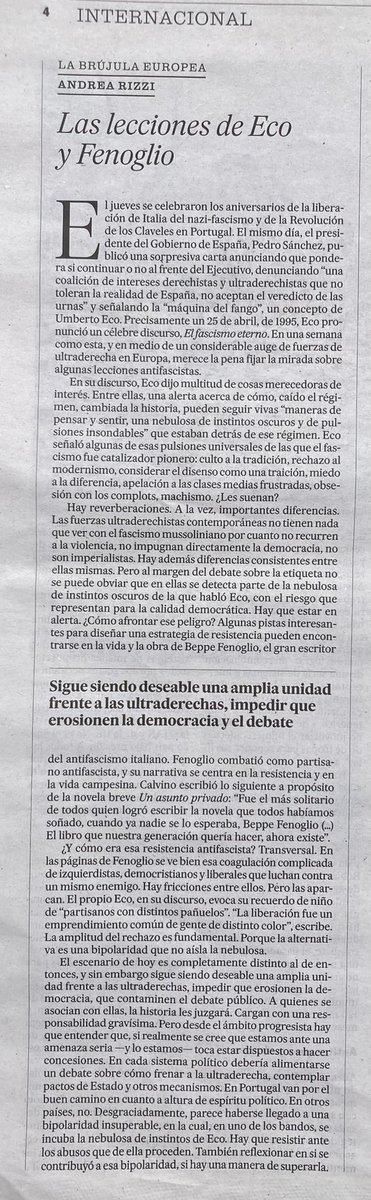 @SantiagoAlbaR @sanchezcastejon Imprescindible aquesta columna d’@and_rizzi per contextualitzar bé en clau geopolítica i historica no ja què ha motivat carta de @sanchezcastejon, sinó la noció de feixisme etern d’Umberto Eco
👉elpais.com/opinion/2024-0…