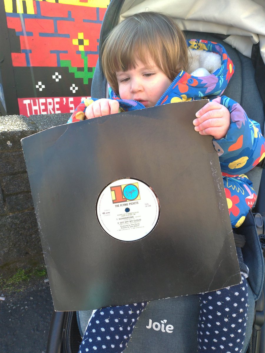 Niamh helping with research on cultural history of the picket line. We picked up a single by the 'The Flying Pickets', a group that emerged from the radical 7:84 theatre group, with a name influenced by the early 70 miners' strikes.