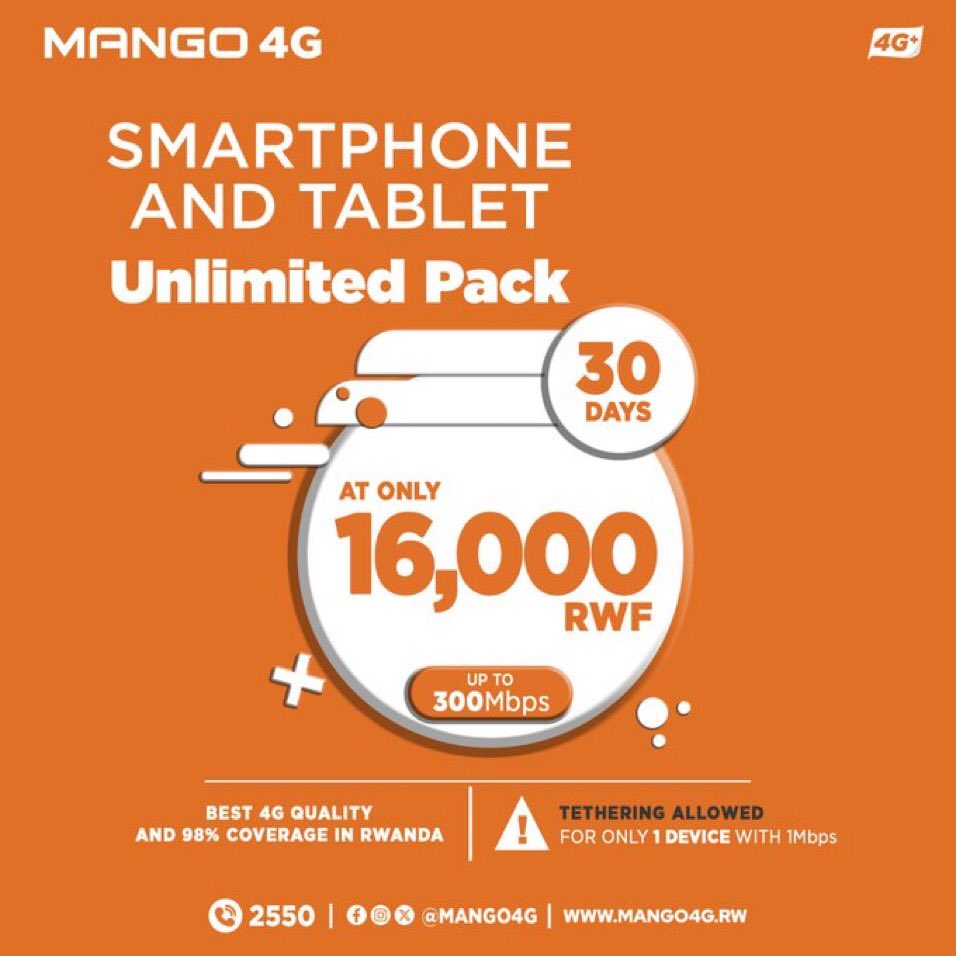 Tangira Imirimo yawe Y'Ukwezi Utandukana N Internet Zigenda Nkakanyamatsyo🐢 Ukoreshe @mango4g Iri Kumuvuduko WoHejuru Niba Udafite Sim Card Egera Ishami #Mango4G Rikwegereye Baguhe SIM Card ku190rwf Gusa, Baguheho na 10GB Z’Ubuntu .