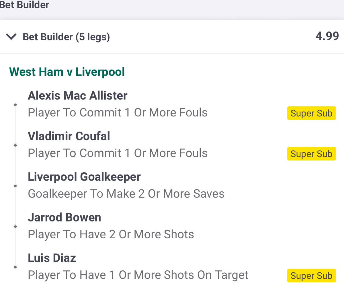 West Ham vs Liverpool betbuilder🔨 Placed on Paddy Power for the super sub offer🙌