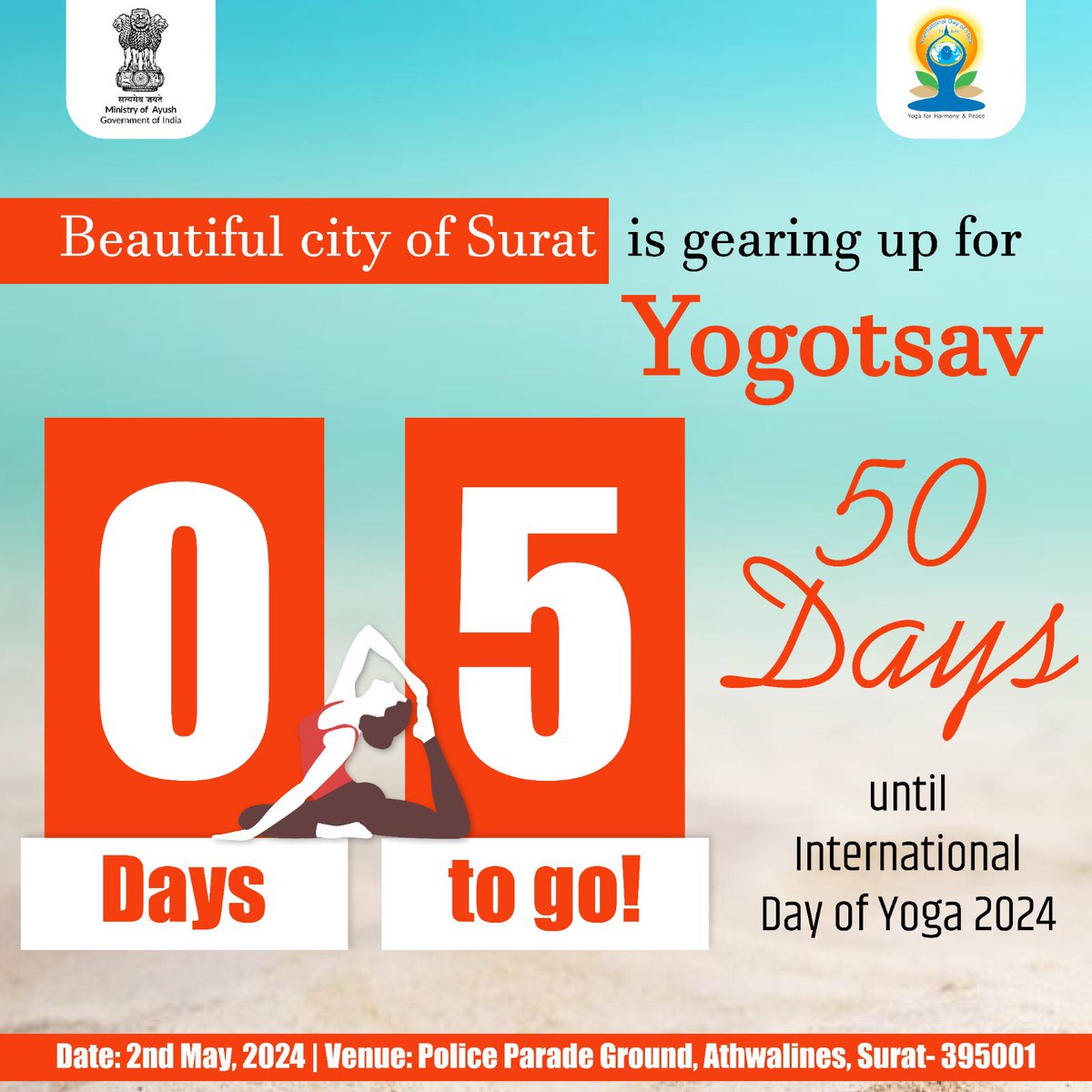 As the #InternationalDayofYoga2024 countdown continues, Surat is getting ready to host a spectacular event on 2nd May 2024, at the Police Parade Ground, Athwalines. Join Surat in this exciting celebration of yoga and mark your calendars for an unforgettable experience.