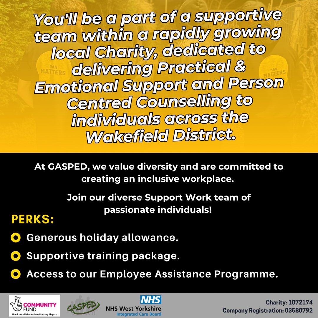 WE ARE RECRUITING! We have an exciting opportunity to join our diverse Support Work team of passionate individuals!💛💚 Click here 👉linktr.ee/gaspedofficial… to apply! CLOSING DATE: Friday 10th May 2024 @ 12pm INTERVIEWS: Wednesday 15th May 2024 💛💛💛 #manmatters #gasped