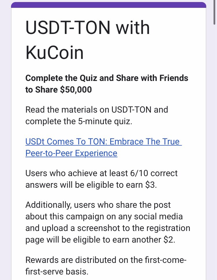 🚀 Ready to test your knowledge and win big with @kucoin? Dive into the KuCoin x TON Quiz and grab your chance to score some awesome rewards! 🎉✨ Don't miss out! #KuCoinQuiz #TON 

Start here: docs.google.com/forms/d/e/1FAI…

@kucoin #CryptoQuiz #LearnAndEarn 📚💸