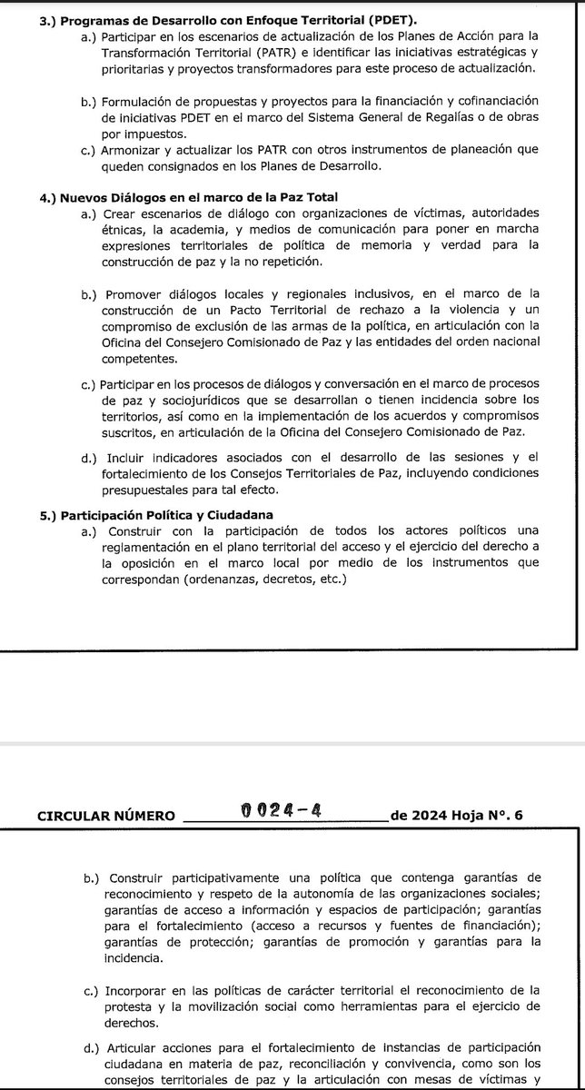DavidFlorezBall's tweet photo. En cabeza del @DNP_Colombia,  @ComisionadoPaz, @UAcuerdoPaz  @RenovacionCo y la @ARNColombia
 Ha sido expedida la Circular 0024-4 de 2024 que refuerza el lineamiento para que en los planes de Desarrollo territoriales sea incluído un capítulo específico de paz que incluya todos los planes, programas y proyectos  dirigidos a la construcción de paz en los terminos que mandata La ley de paz total  2272 de 2022.

Este capitulo es una gran oportunidad para que el Gobierno Nacional y Entes territoriales sumemos esfuerzos en la territorializacion de la política publica de paz total, la implementación del acuerdo de paz y la identificación de fuentes de financiación dirigidas al cierre de brechas.

Solo mediante la unión entre gobierno nacional, gobiernos locales y la ciudadania podremos transformar nuestros territorios y avanzar hacia la paz.

Invito a los Gobiernos Territoriales y la ciudadanía a acoger y difundir la presente circular. https://t.co/E4x7rNhrRU 👇