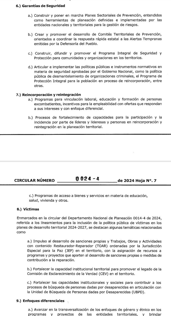 En cabeza del @DNP_Colombia, @ComisionadoPaz, @UAcuerdoPaz @RenovacionCo y la @ARNColombia Ha sido expedida la Circular 0024-4 de 2024 que refuerza el lineamiento para que en los planes de Desarrollo territoriales sea incluído un capítulo específico de paz que incluya todos…