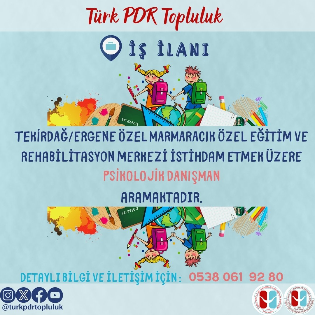 📍İş ilanı Tekirdağ/Ergene Özel Marmaracık Özel Eğitim ve Rehabilitasyon Merkezinde istihdam edilmek üzere Psikolojik Danışman alımı yapılacaktır. Detaylı bilgi ve iletişim için:05380619280