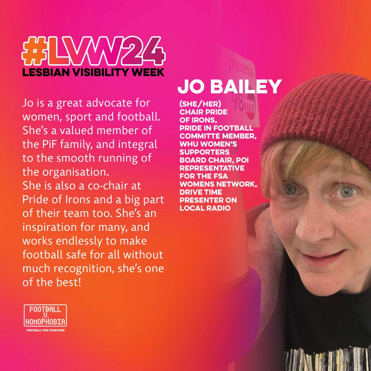 Today we’re celebrating Jo Bailey for #LesbianVisibilityWeek Jo is chair @PrideOfIrons, @PrideinFootball committee member & West Ham United Women’s Supporters Board Chair 🙌🎉🏳️‍🌈🏳️‍⚧️ #LVW | #unifiednotuniform