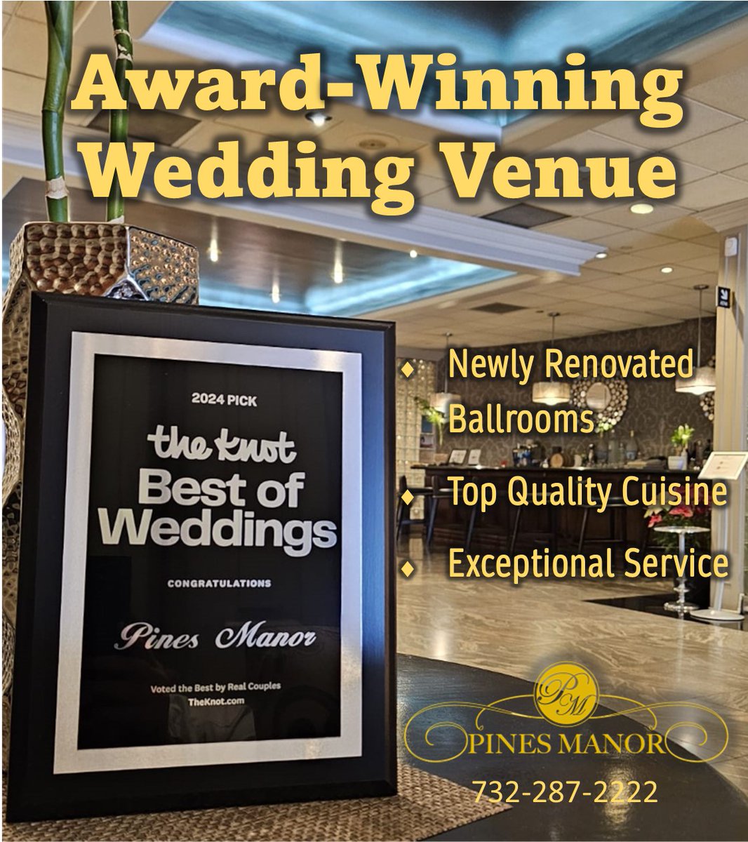 Book your spectacular #wedding #reception at the award-winning Pines Manor in #EdisonNJ, recipient of #TheKnot's Best of Weddings distinction. Make an appointment to see our newly renovated ballrooms - 732-287-2222 #WeddingVenue #CateringHall