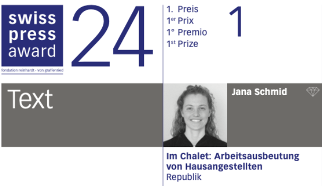 Republik (@republikmagazin) on Twitter photo Mit ihrer Recherche über die Ausbeutung von zwei philippinischen Hausangestellten bei Gstaad gewinnt <a href="/schm_jana/">Jana Schmid</a> den <a href="/SwissPressAward/">Swiss Press Award</a> in der Kategorie Text. Wir freuen uns gewaltig und gratulieren herzlich!🎉
Hier gehts zum preisgekrönten Beitrag: republik.ch/2023/04/15/im-… Mit ihrer Recherche über die Ausbeutung von zwei philippinischen Hausangestellten bei Gstaad gewinnt <a href="/schm_jana/">Jana Schmid</a> den <a href="/SwissPressAward/">Swiss Press Award</a> in der Kategorie Text. Wir freuen uns gewaltig und gratulieren herzlich!🎉
Hier gehts zum preisgekrönten Beitrag: republik.ch/2023/04/15/im-…