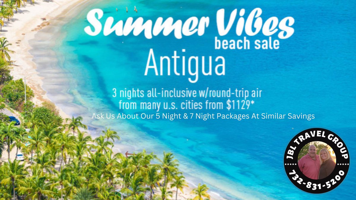 Summer Vibes #antigua #beachvacations
Call us today for more information, prices and availability.
#jbltravelgroup where you are always #onecallawayfromanywhere