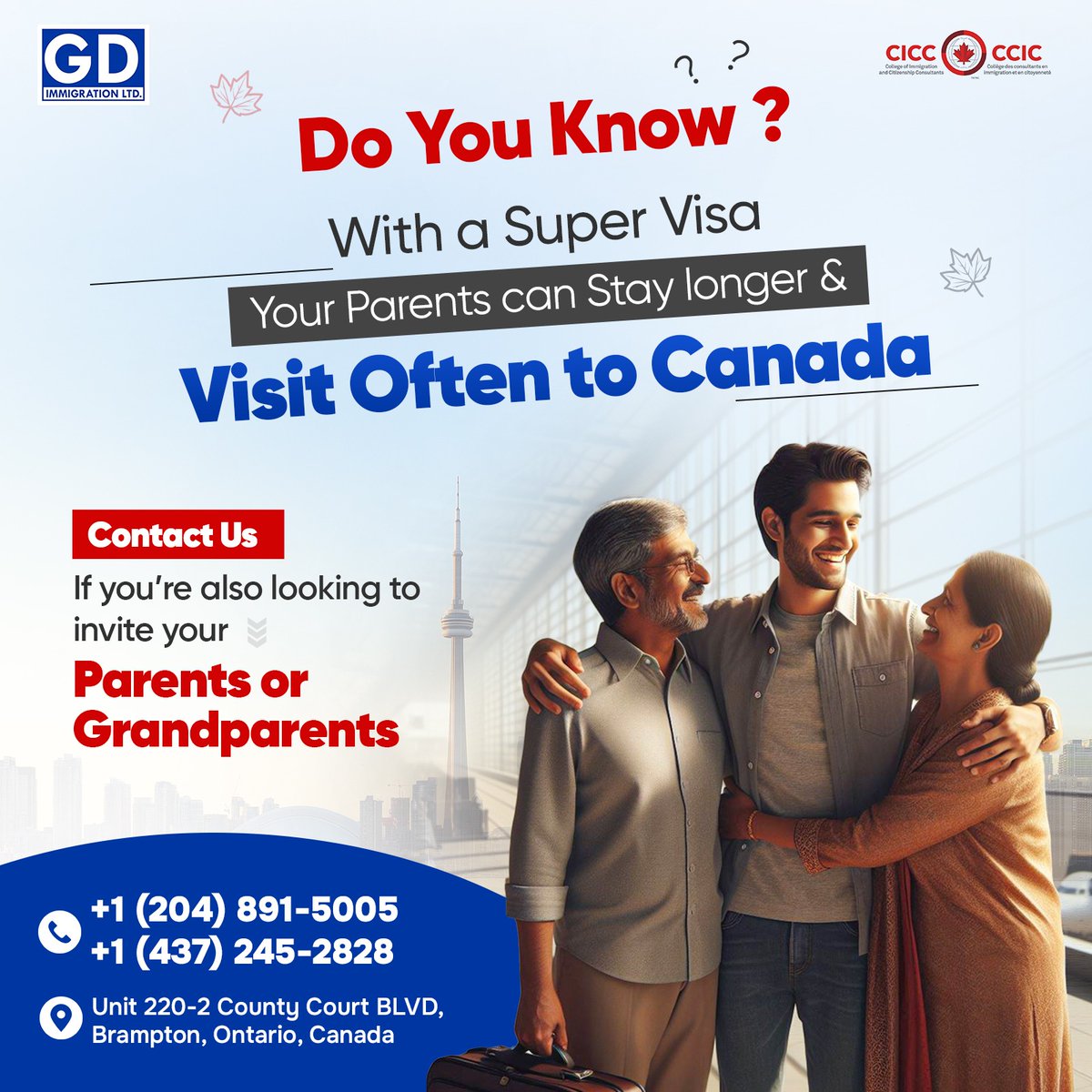 Bring your parents or grandparents closer with Canada's Super Visa🍁! They can stay longer and visit often, keeping family ties strong. 💖 Contact us.

#GDImmigration #SuperVisa #Canada #CanadaSuperVisa #Visa #ImmigrationConsultants #Brampton #SuperVisa #FamilyLove