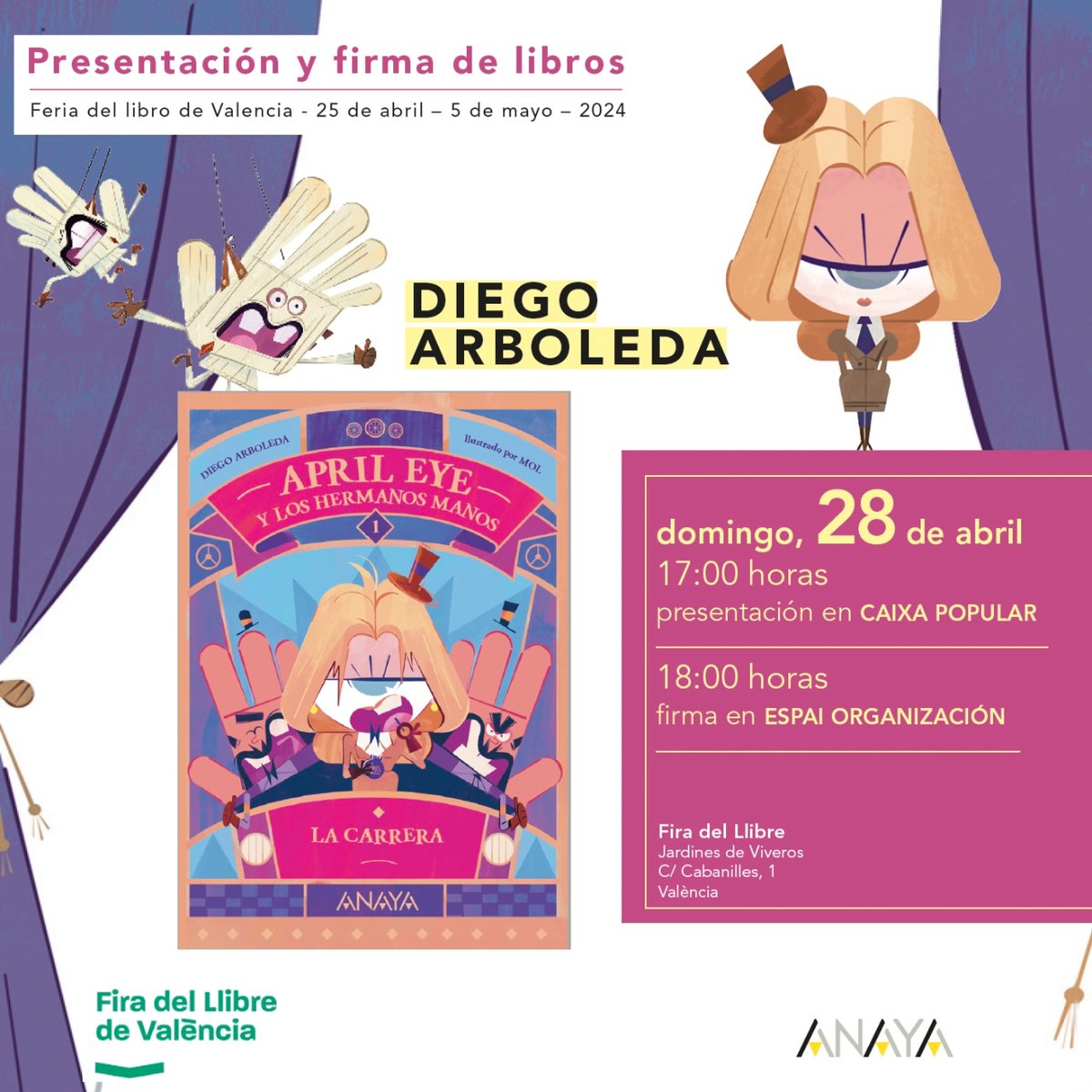 Si mañana estás en Valencia tienes que acercarte a la @firallibrevlc a conocer a 'April Eye'. Diego Arboleda nos va a contar todos los detalles de su nueva colección. Os espera a las 17:00 en Caixa Popular o a las 18:00 en Espai Organización.