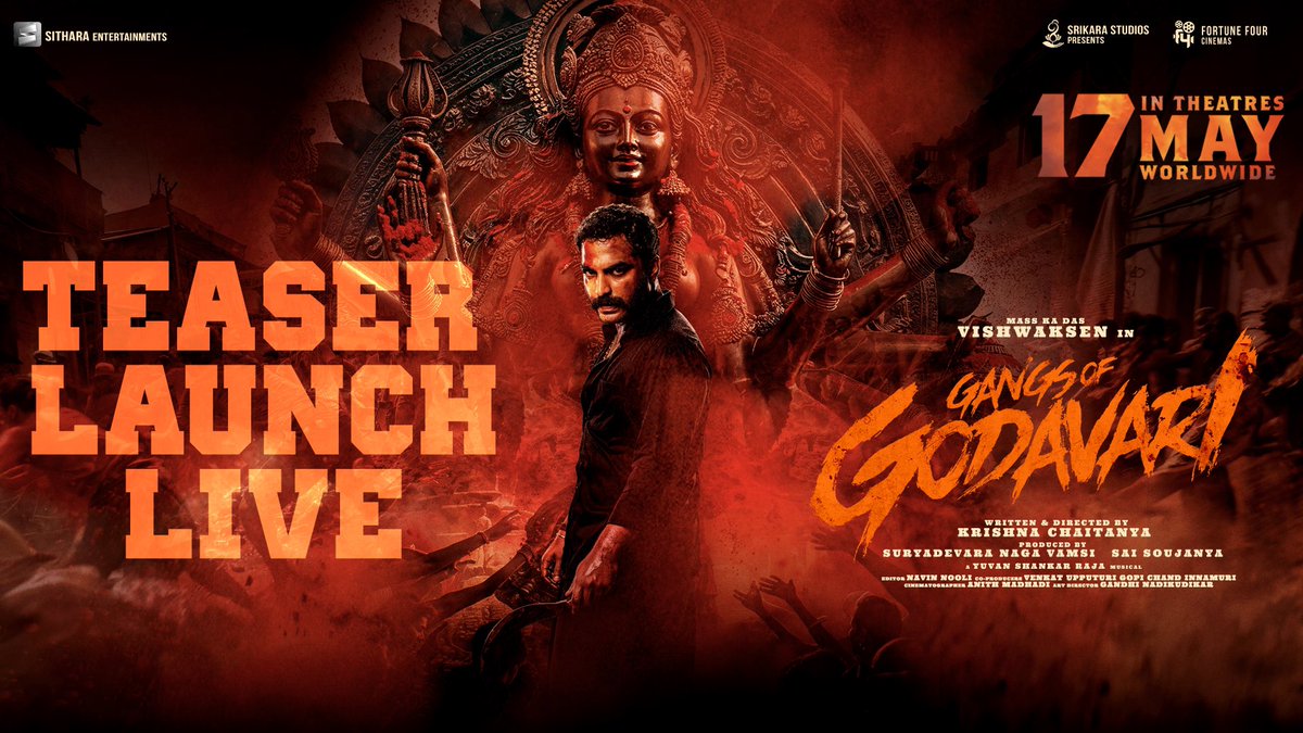 Watch the Teaser Launch Event of #GangsofGodavari LIVE Now from AMB Cinemas.🔥 - youtube.com/live/xhNxWXBii… Mass Ka Das @VishwakSenActor’s #GOGTeaser will be out shortly! ❤️‍🔥 In Cinemas #GOGOnMay17th 💥