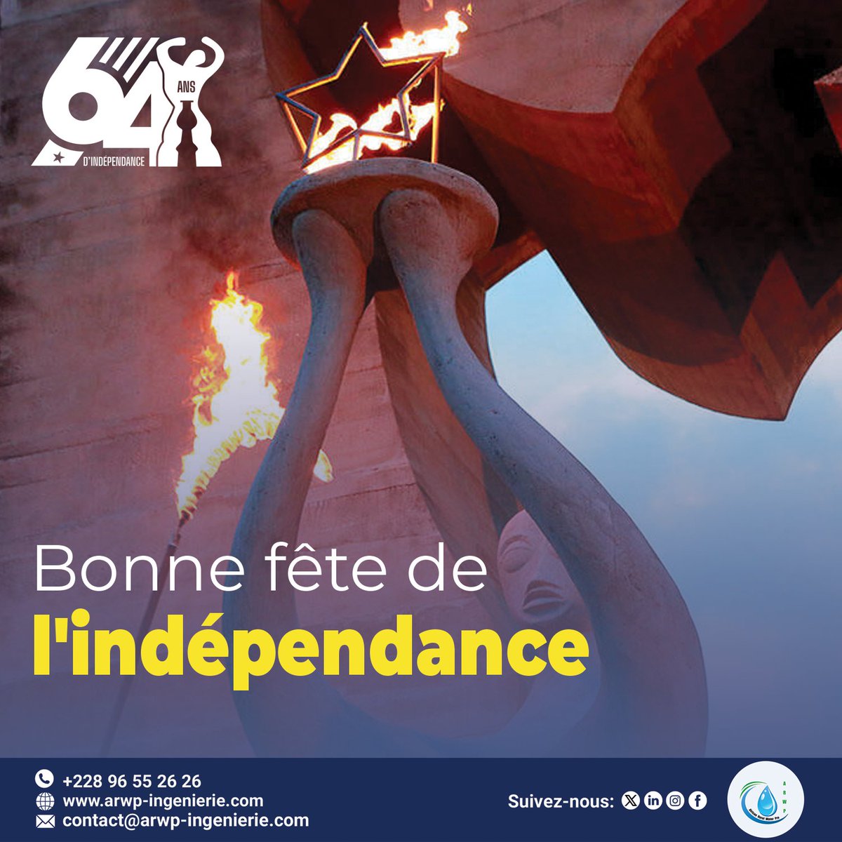En ce jour de la célébration du 64 ème anniversaire de l'indépendance du Togo, ARWP souhaite à tous les togolais une joyeuse fête ! Que cette journée soit empreinte de fierté, de solidarité et de bonheur. 
Vive le Togo ! 🇹🇬 
#ARWP #FêteNationale #TogoIndependance