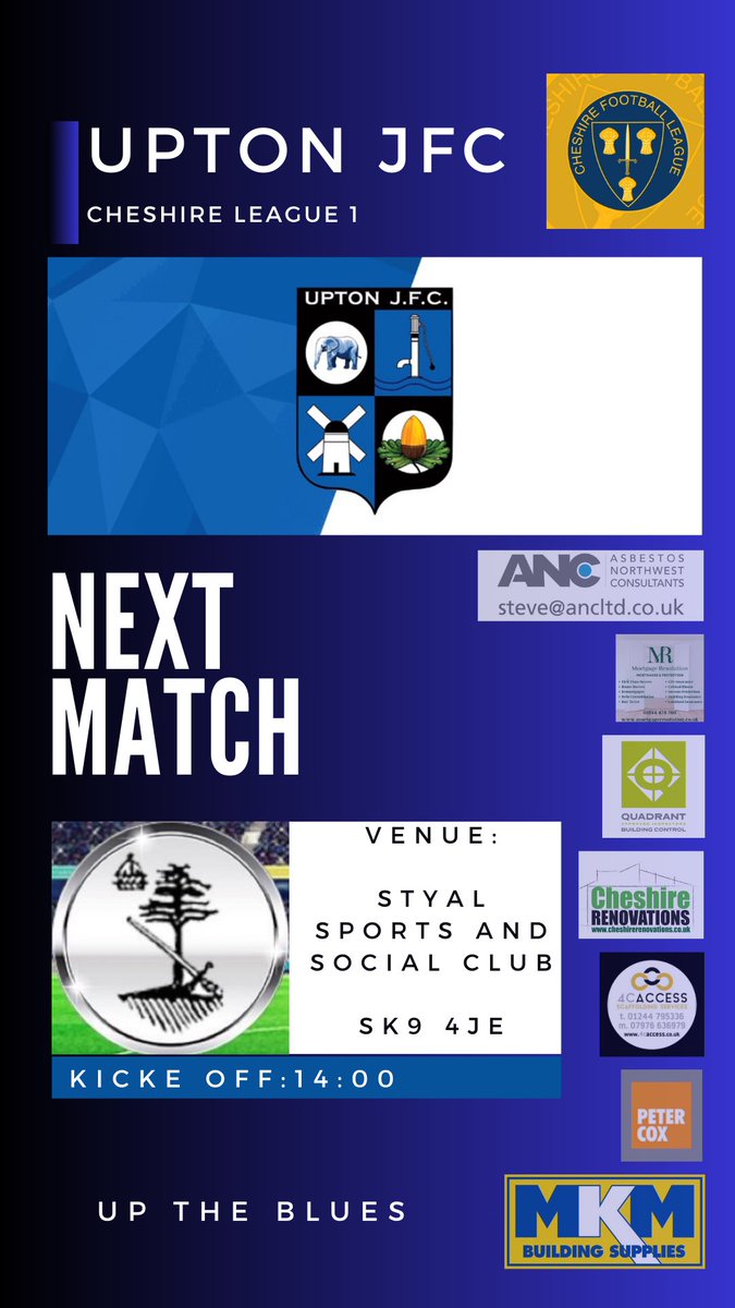 🔵⚫️⚪️ Upton JFC Blues 🆚 @styalfc ⚽️ @CheshireFL 🏟️ SK9 4JE 📅 27/04/2024 ⏰ 14:00 Match Day! On the road again as we take on Styal. Any support is always appreciated 👍🏻
