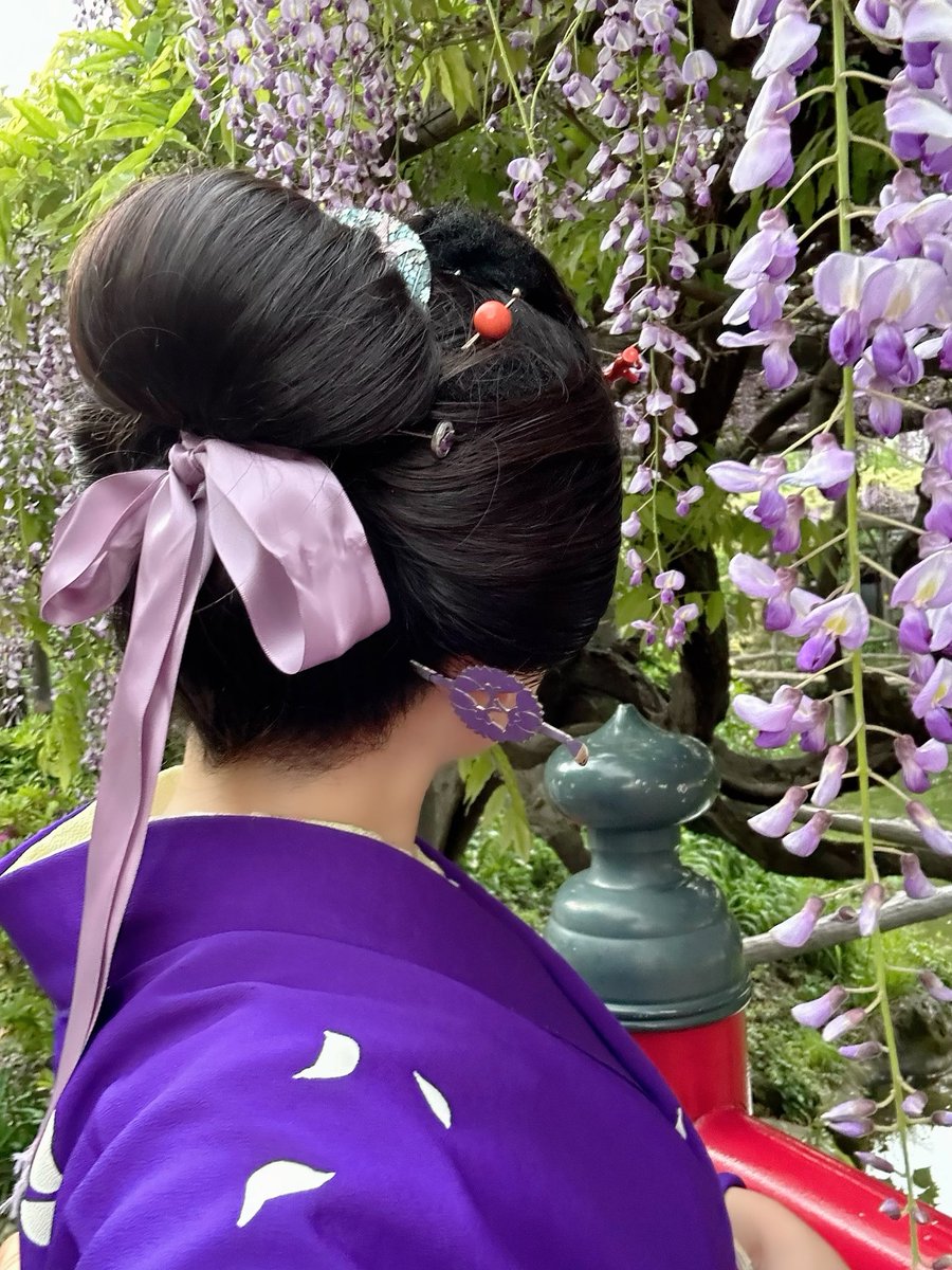 ちょうどこの前紫着物で藤見に行ったので∩^ω^∩
アンティーク着物の紫は種類豊富でほんと沼だよねぇ_(:3」z)_💕

#日本髪
#きものパーティーツイオフ
#紫縛り