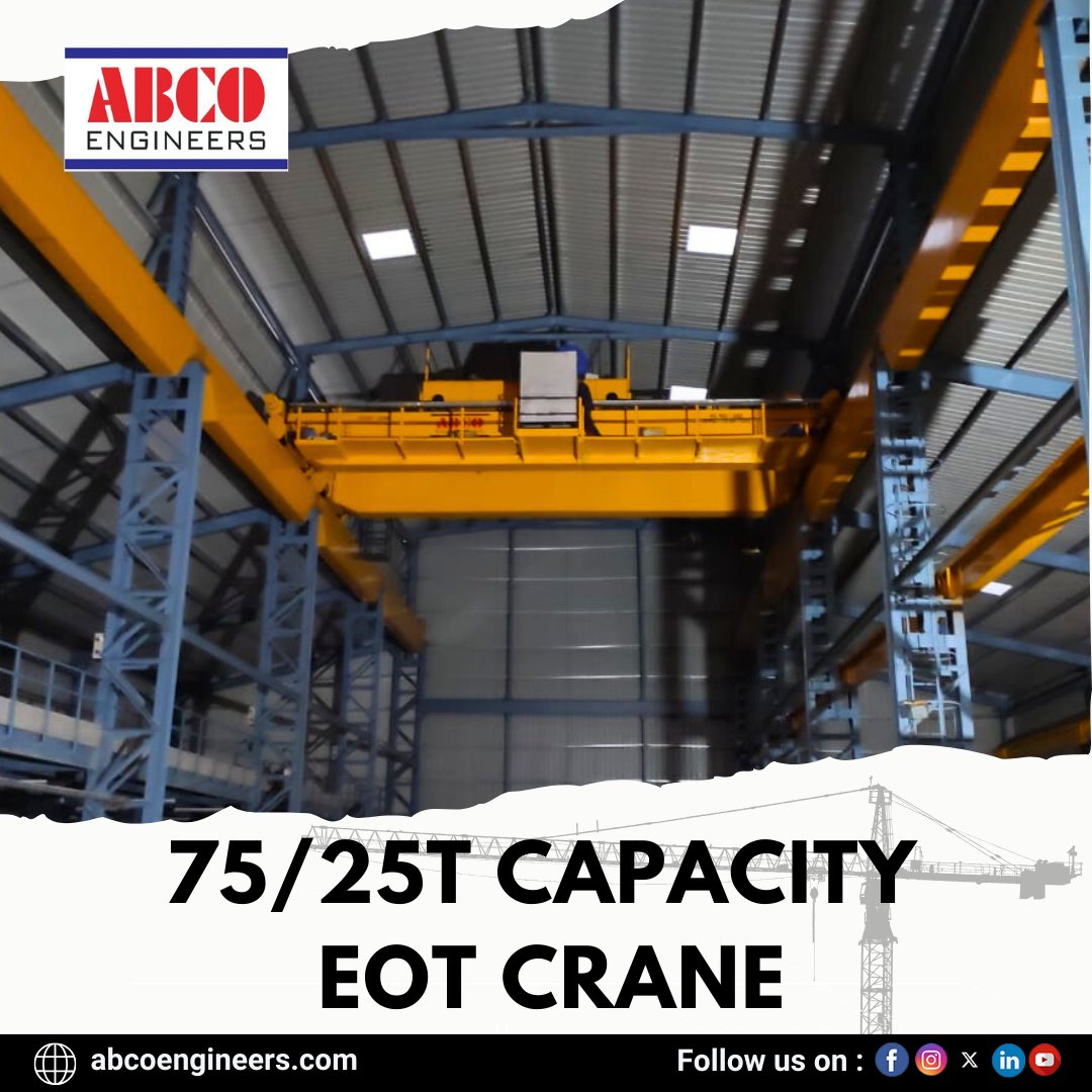 Efficiency meets power with our 75/25T EOT crane. Elevate your lifting capabilities with precision and reliability. #EOTCrane #HeavyLifting #IndustrialEquipment 🏗️