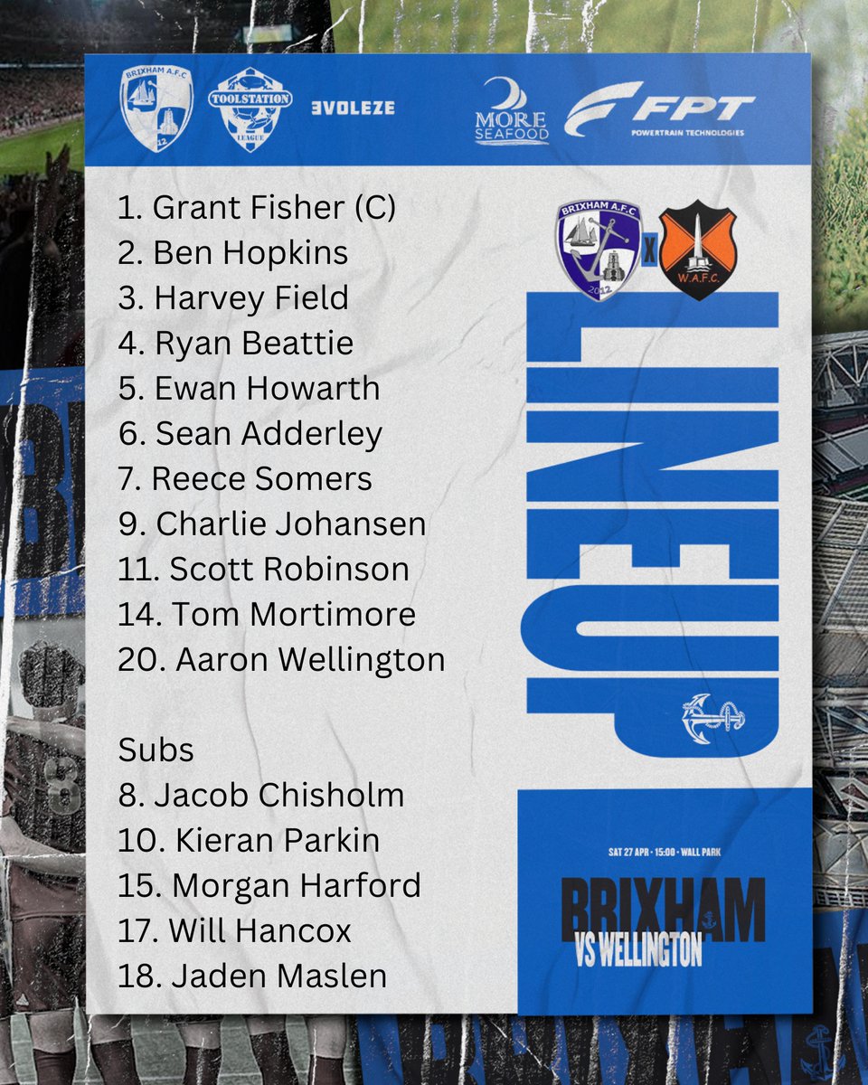 Our line up to take on @Wellington_AFC this afternoon. 💙🤍💙🤍 'BLUE ARMY' @moreseafood @PumpTechLtd Breakwater Marine Engineering @fpt @BrixhamCasuals @Brixhamfishmkt @swsportsnews @TSWesternLeague 🐟🐟🐟